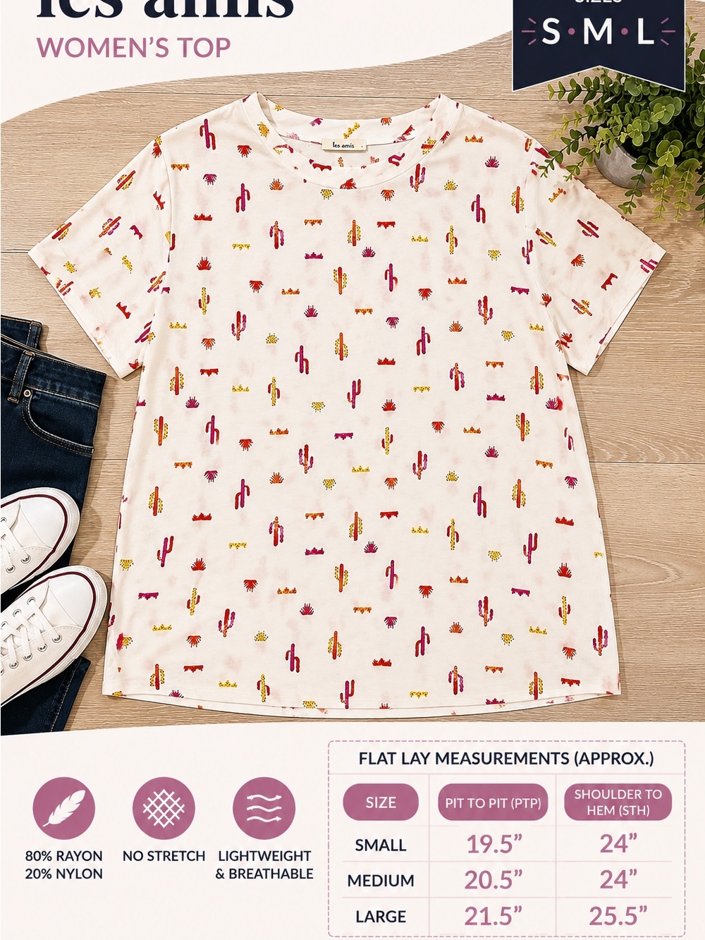 Women’s Short-Sleeve White Tee with Colorful Cactus Print